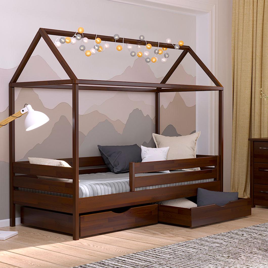 Кровать деревянная детская АММИ с ящиками и защитным бортиком 190х80 см Орех темный