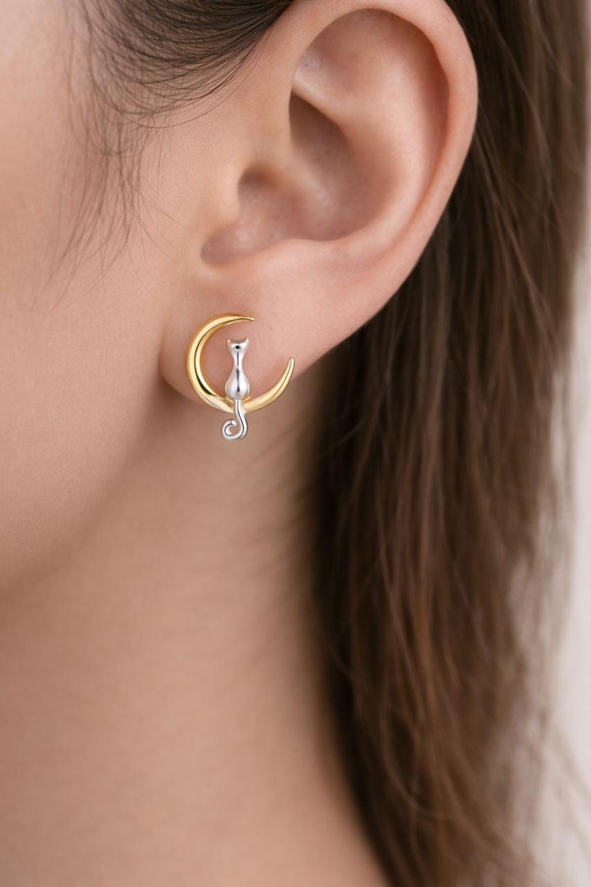 Сережки-гвоздики RINHOO Милий Кіт на Місяці Золотистий