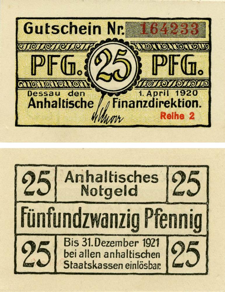 Коллекционная банкнота Германия Нотгельд 25 пфеннигов 1920 F-VF Анхелтише (Б18897)