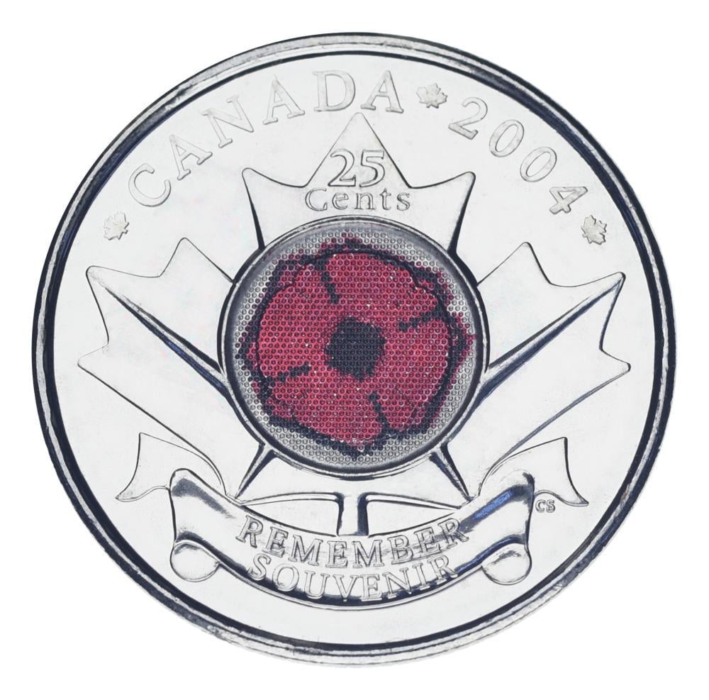 Коллекционная монета Канада 25 центов 2004 UNC День памяти цветная (М25153)