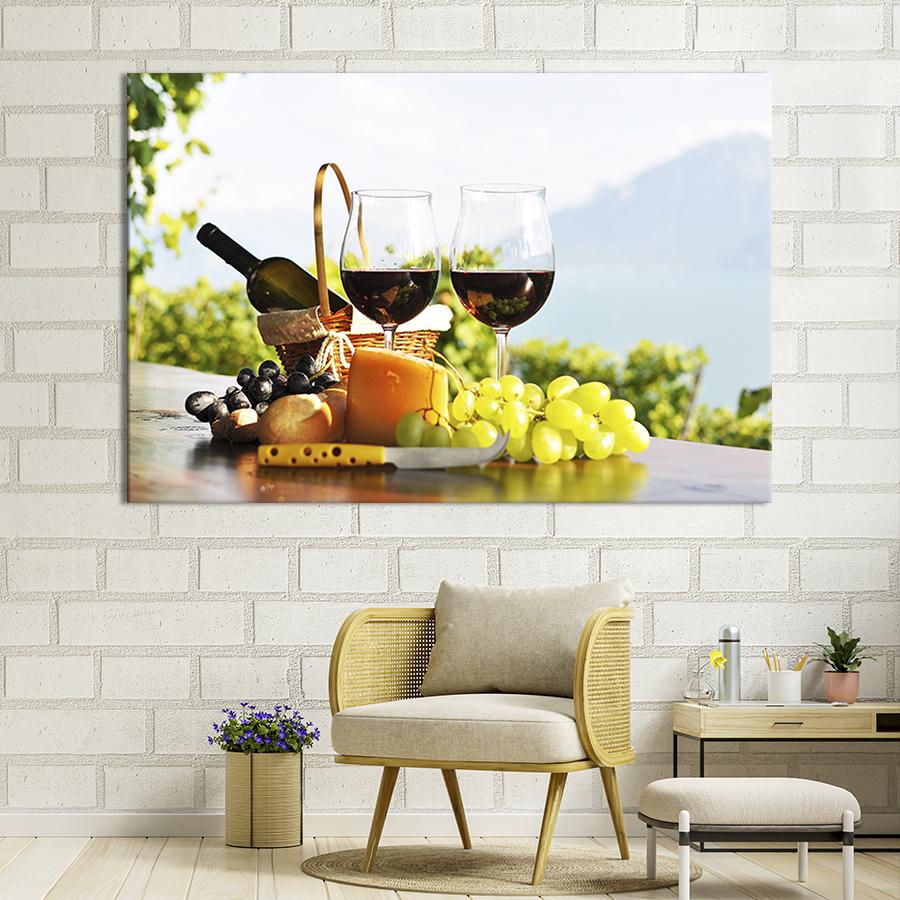 Настенный декор картина на холсте для интерьера Вино и сыр 80x54 см (294-1)