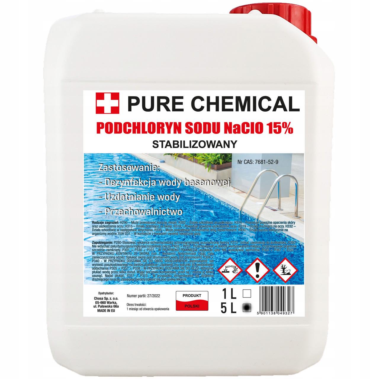 Рідкий хлор для басейну Pure Chemical Chlor гіпохлорит натрію 15% стабілізований 5 л