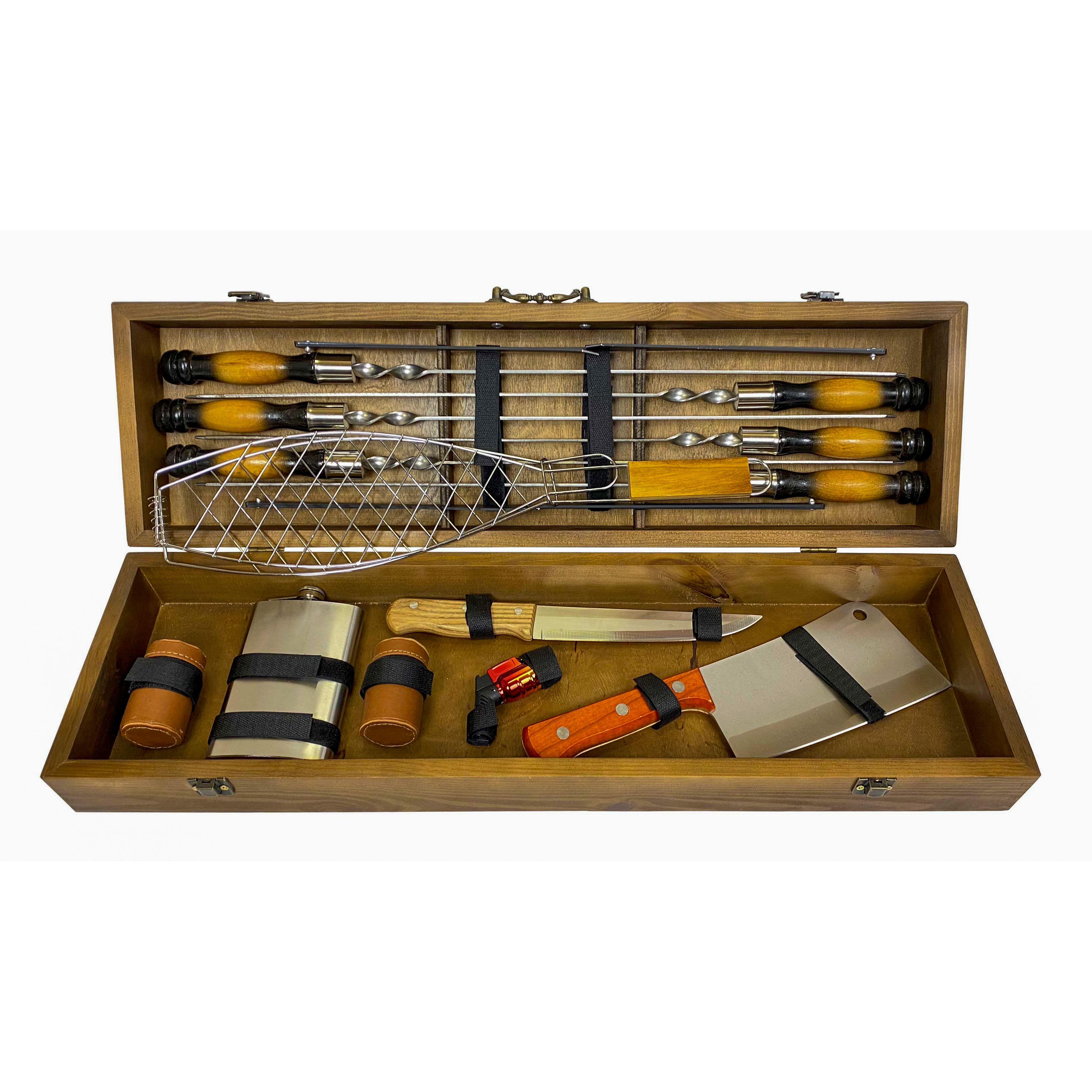 Подарунковий набір шампурів Mzavod Майстер BBQ із нержавіючої сталі в дерев’яному кейсі 720x120x210 мм 20 пр. (136-17-1190210000811) - фото 5