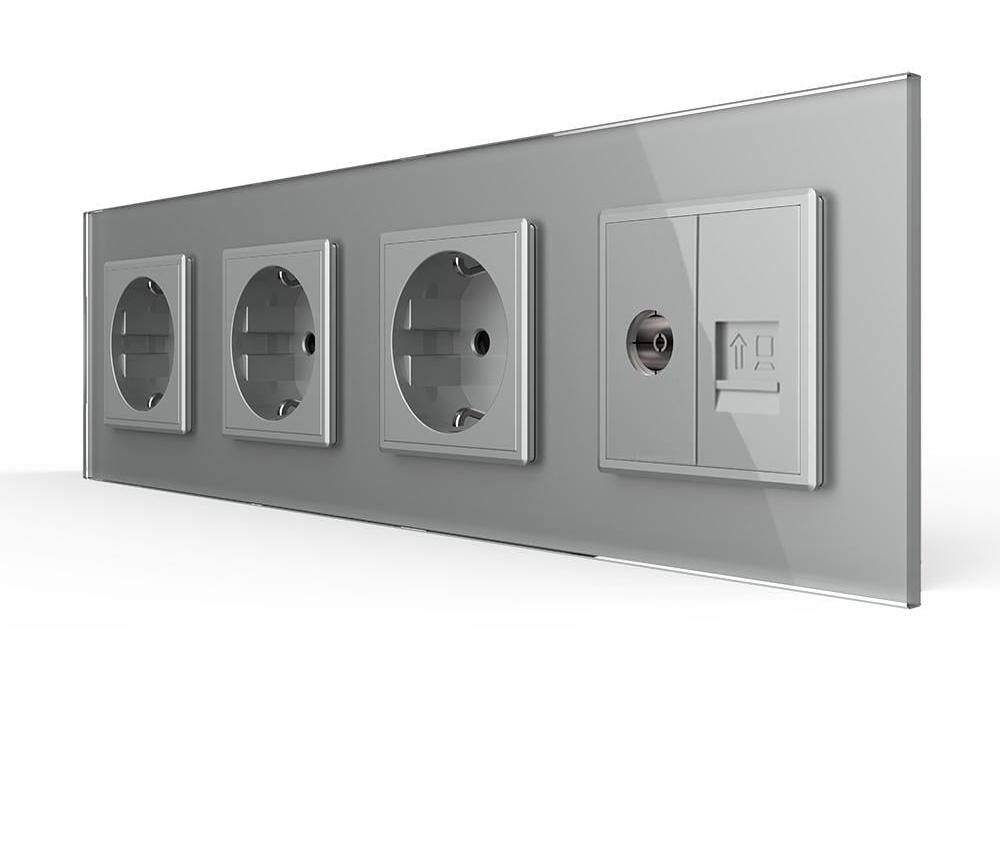 Розетка четырехместная LIVOLO силовая/интернет RJ-45/ТВ настенная стеклянная рамка Серый (VL-C7FCTC16A/FCCP/FCTV-8IP)
