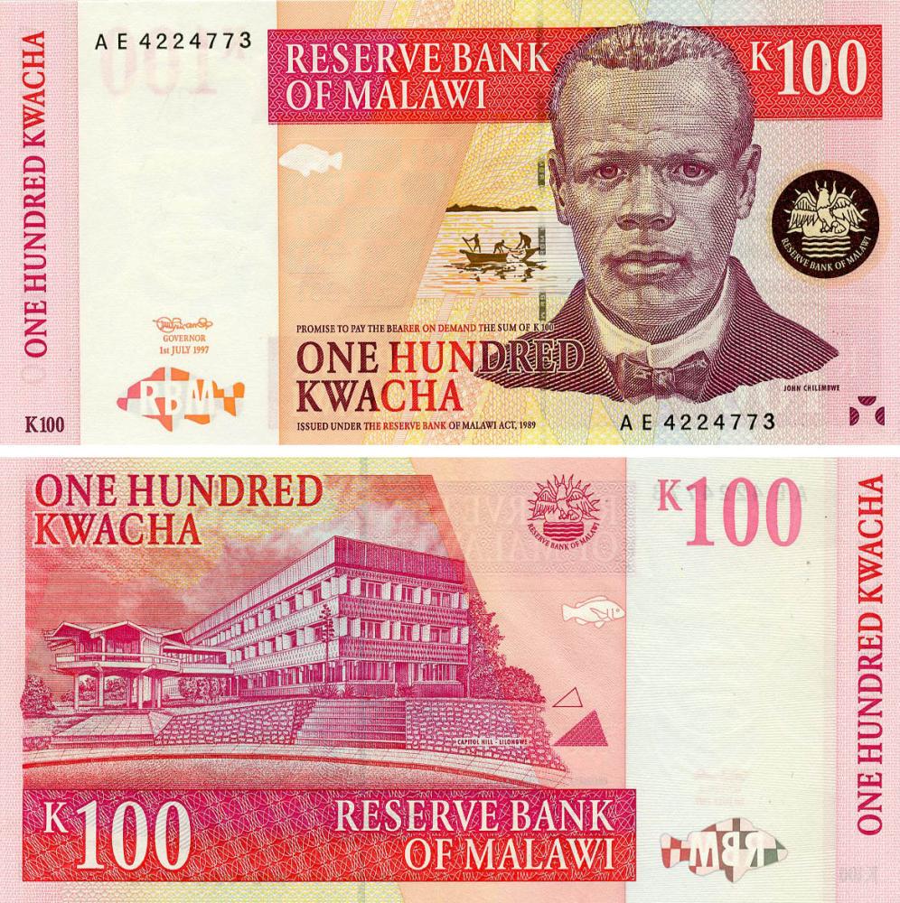 Коллекционная банкнота Малави 100 квача 1997 UNC (P40)