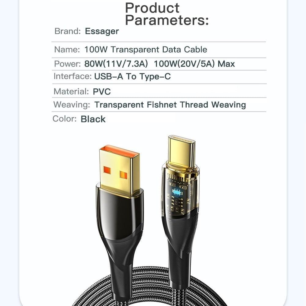 Кабель Essager USB to Type-C PD/QC 100W 7A Black Transparent 1 м Black (25397394) - фото 10 Кабель Essager USB to Type-C PD/QC 100W 7A Black Transparent 1 м Black (25397394) - фото 10