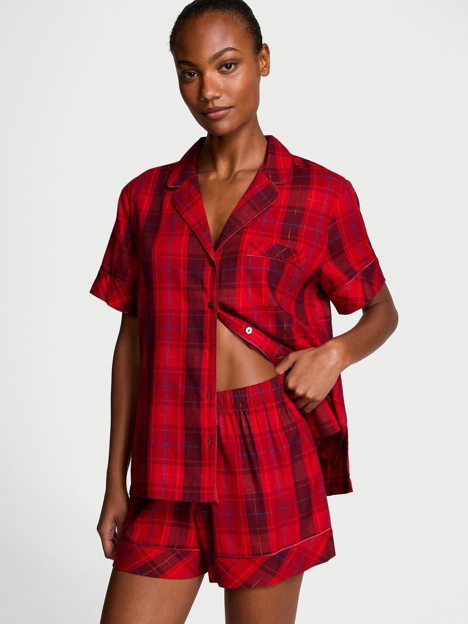 Пижама женская Victoria's Secret Flannel Short Pajama принт в клетку Set XS Красный (3226437712076)