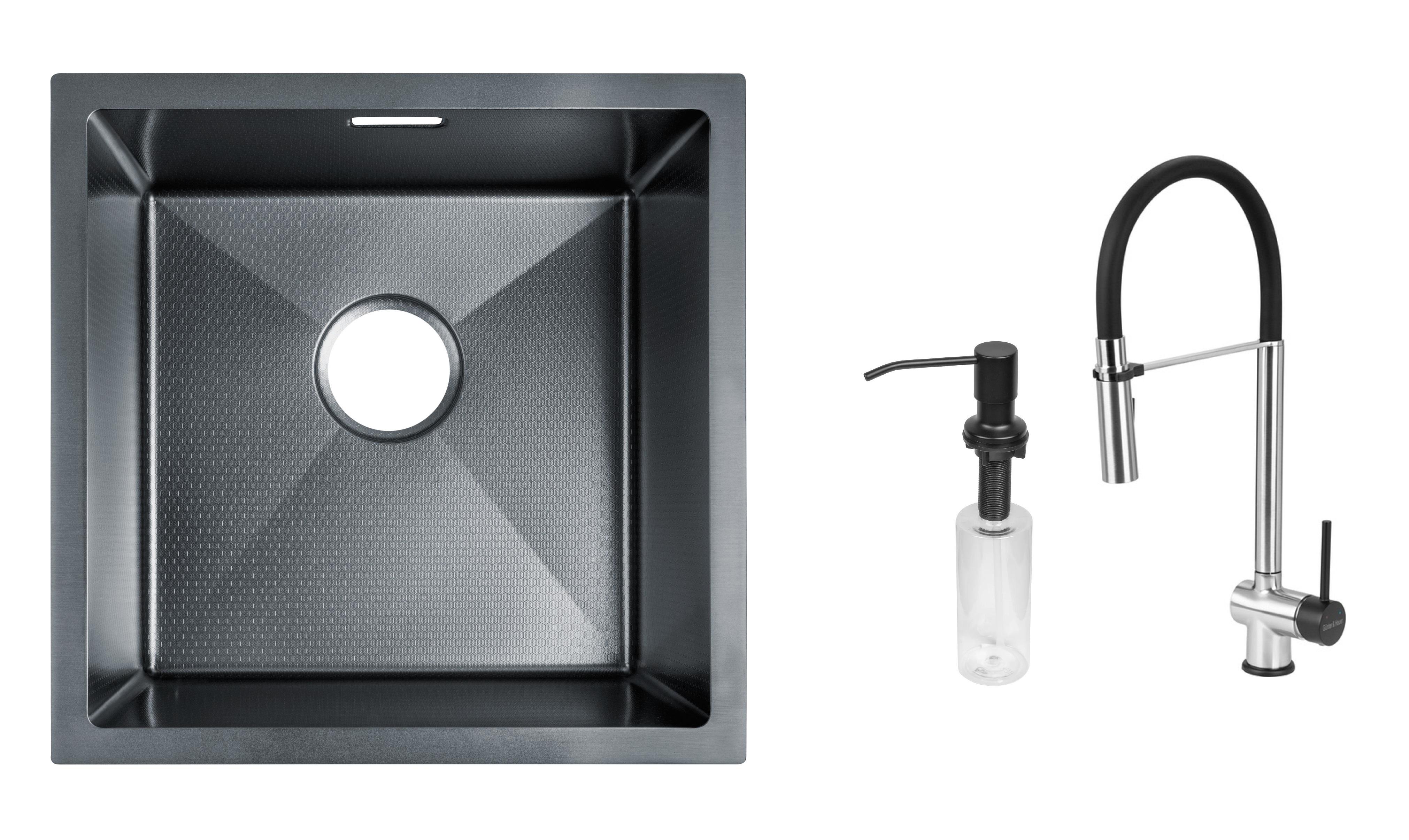 Комплект из кухонной мойки Gunter&Hauer Olef 4522 Black Honey кухонного смесителя Gunter&Hauer EDEL Brush Black