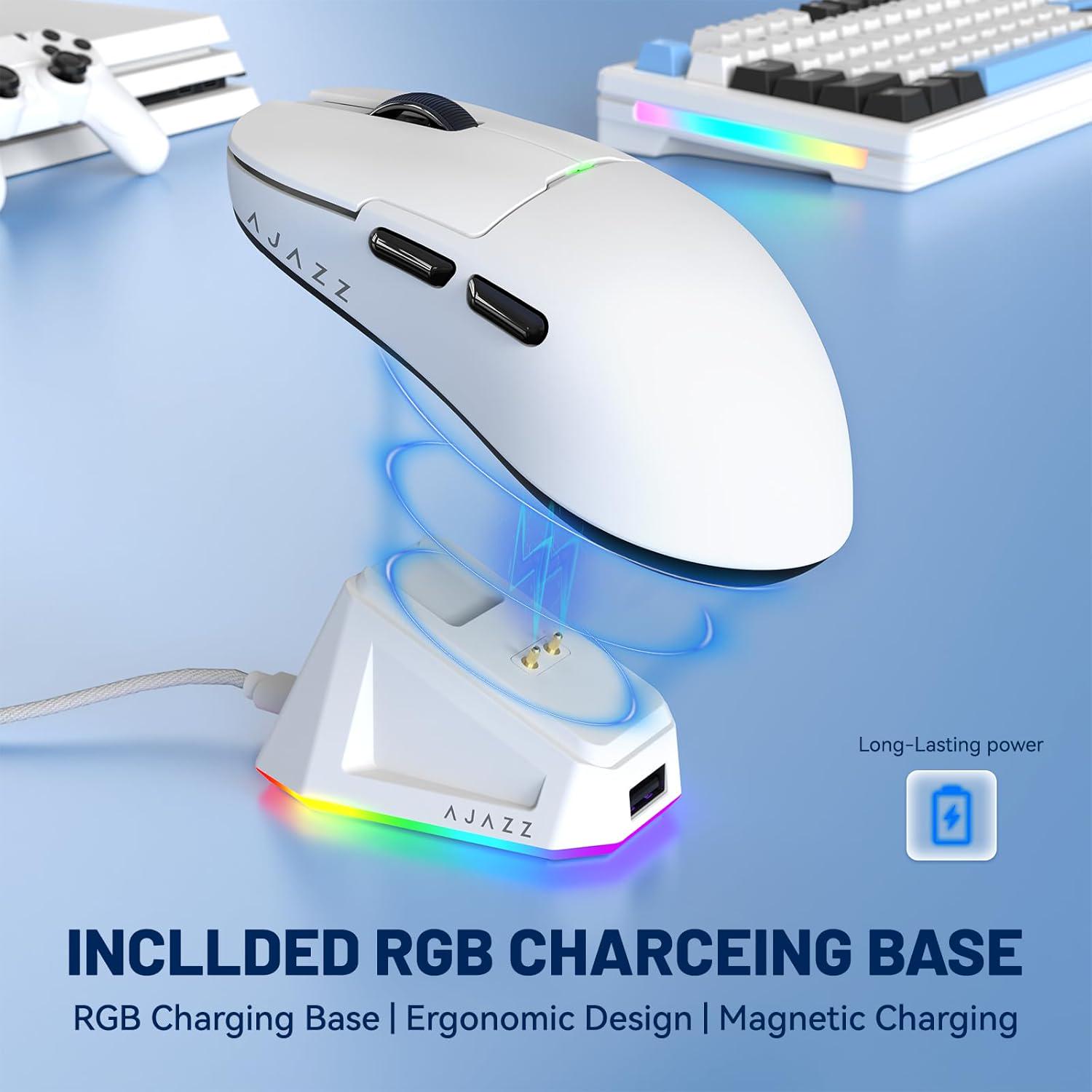 Миша ігрова бездротова Ajazz AJ159P із зарядною док-станцією RGB/сенсором PAW3395/26K DPI/56G/5 програмованими кнопками White - фото 2 Миша ігрова бездротова Ajazz AJ159P із зарядною док-станцією RGB/сенсором PAW3395/26K DPI/56G/5 програмованими кнопками White - фото 2