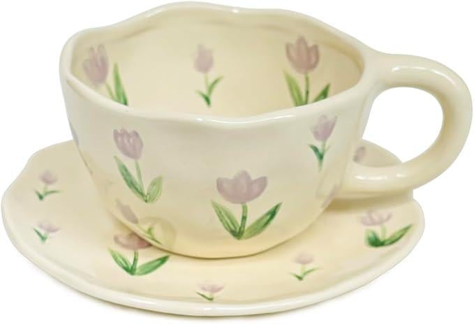 Чашка с блюдцем Тюльпаны керамические для кофе 300 мл Белый (OS-8030-398)