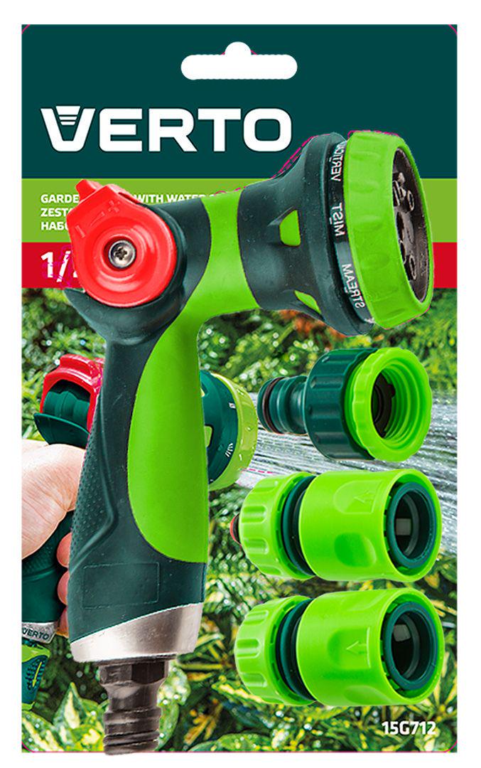 Садовый ороситель Verto 15G712 175 мм 1/2"-3/4" пистолетный 8 функций и 3 коннектора (22392) - фото 2 Садовый ороситель Verto 15G712 175 мм 1/2"-3/4" пистолетный 8 функций и 3 коннектора (22392) - фото 2