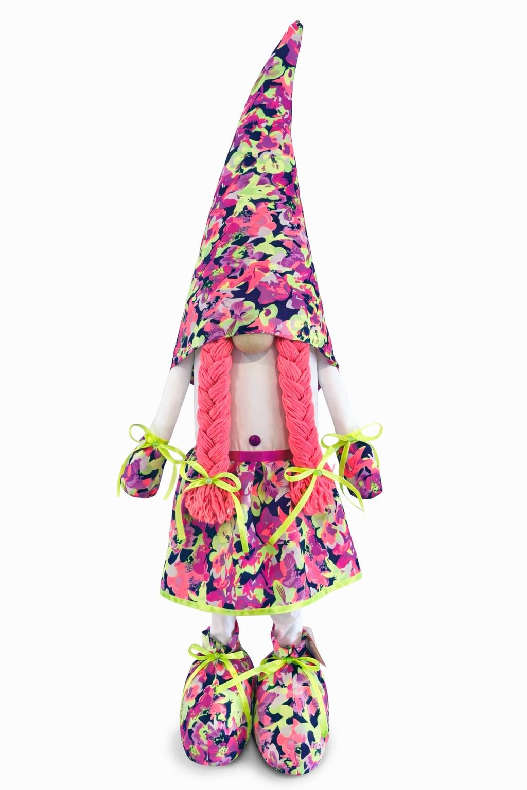 Лялька інтер'єрна Скандинавський гном-дівчинка Квітковий принт 90-95 см Салатовий/Рожевий/Неоновий (029)