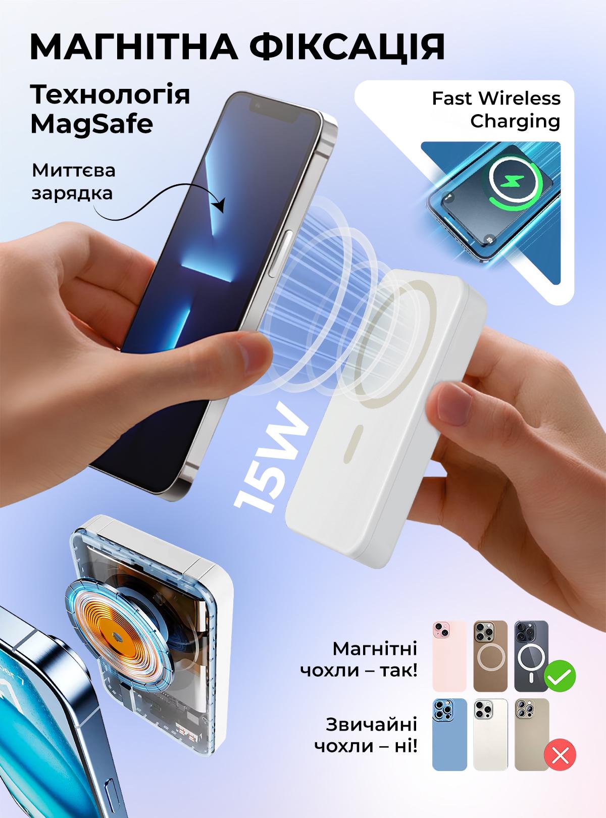 Повербанк OnePro з magsafe та кабелями Type-C Lighthing 10000 mah Білий (73741) - фото 4