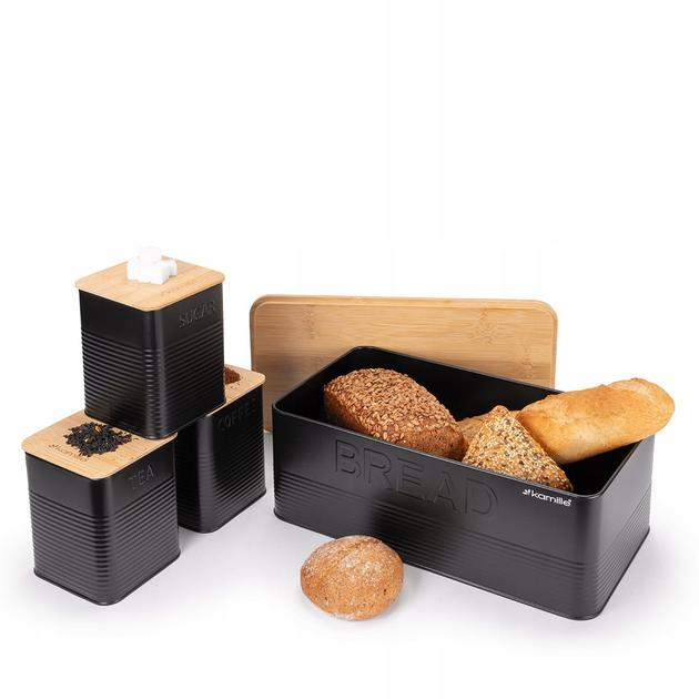 Хлебница с емкостями для хранения Kamille KM-1126 из нержавеющей стали с бамбуковой крышкой 33х18х12 см Черный (150-84-1126)