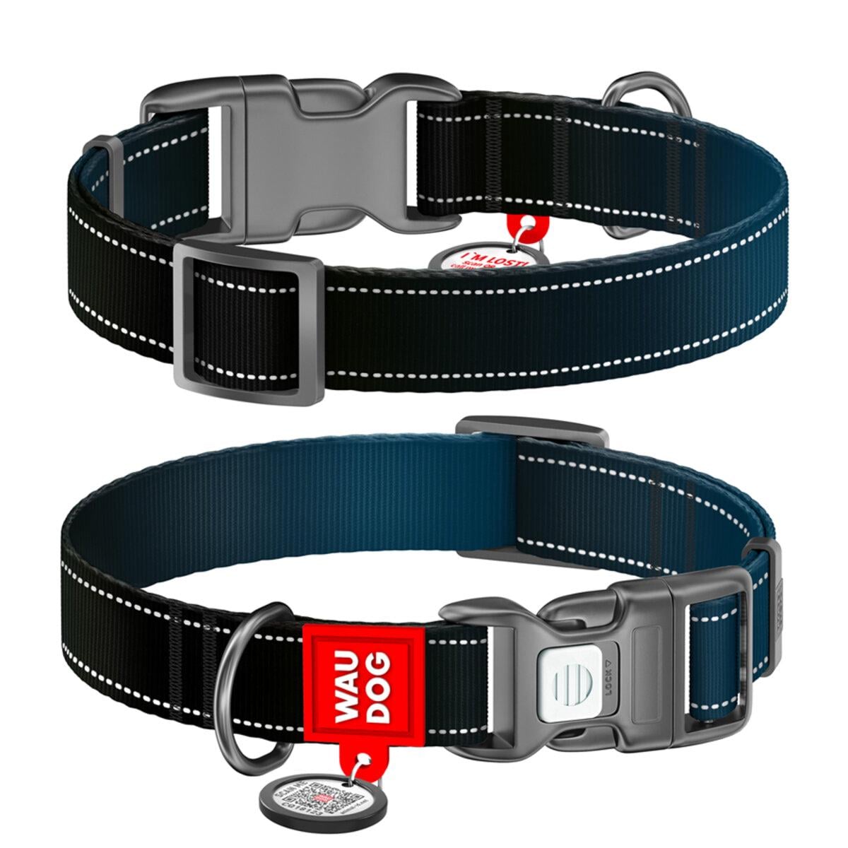 Ошейник для собак WAUDOG Nylon Mono с QR паспортом нейлоновый светоотражающий L 25 мм/33-49 см Черный (52151)