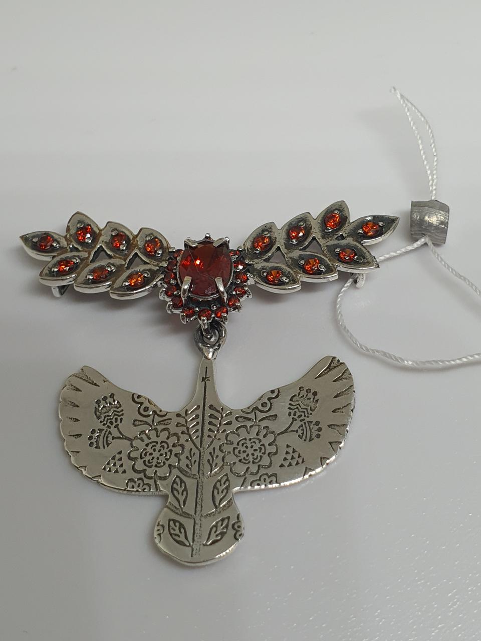 Кулон Дукач срібний пташка горлиця вишиванка з червоно чорними цирконами 925 проби (2618964768)