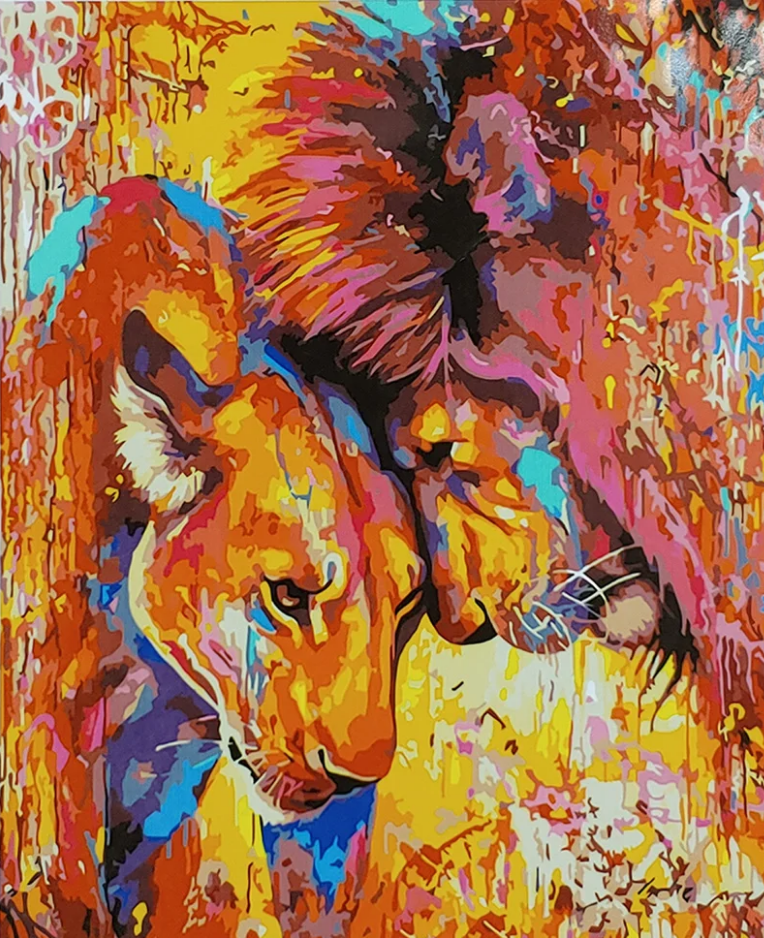 Картина за номерами Strateg Преміум Акварельна любов левів з лаком та рівнем 40x50 см (SY6905)