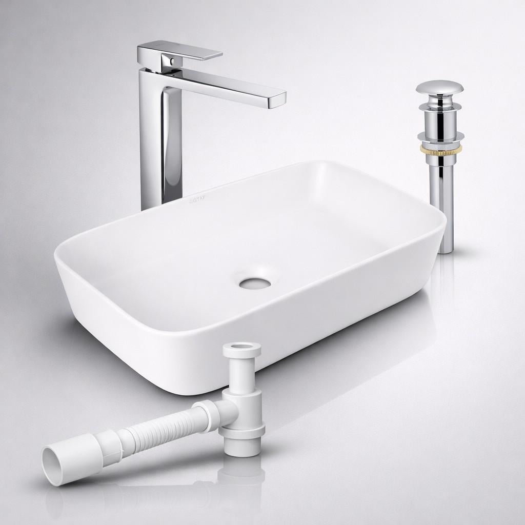 Комплект Qtap Virgo N 560×380 White накладна раковина/змішувач Gemini Chrome/донний клапан PU02/сифон (48462/45677)