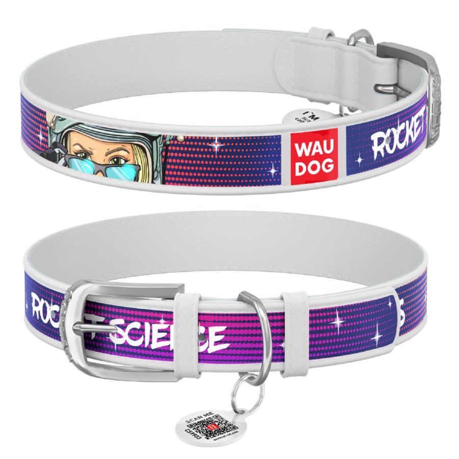 Ошейник для собак кожаный Waudog Design Космос. Ракетостроительство с QR паспортом XL