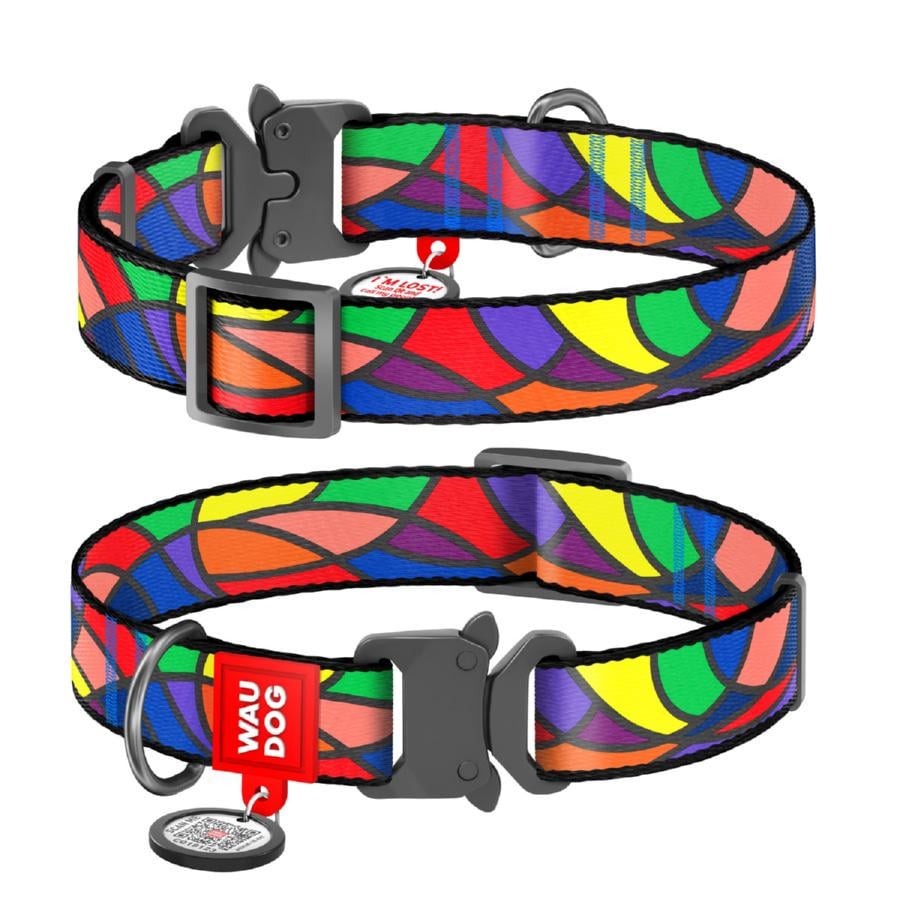 Ошейник для собак нейлоновый Waudog Nylon Витраж с QR паспортом металлическая пряжка-фастекс XL 25 мм 35-58 см