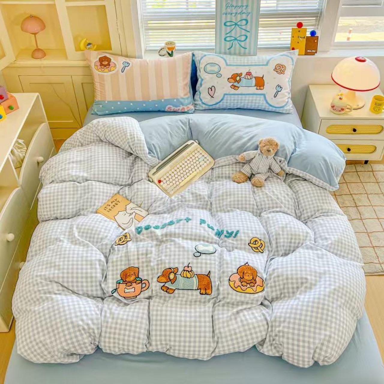Комплект дитячої постільної білизни Colorful Home Фланель з махровою вишивкою полуторна Такса 150х210 см Блакитний