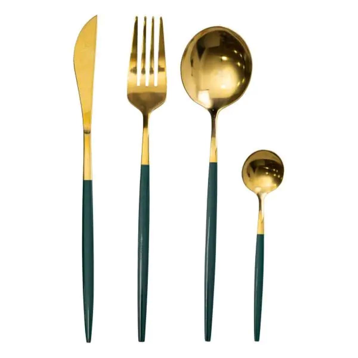 Набор столовых приборов на 6 персон 24 пр. Золотистый с зеленым - фото 3 Набор столовых приборов на 6 персон 24 пр. Золотистый с зеленым - фото 3