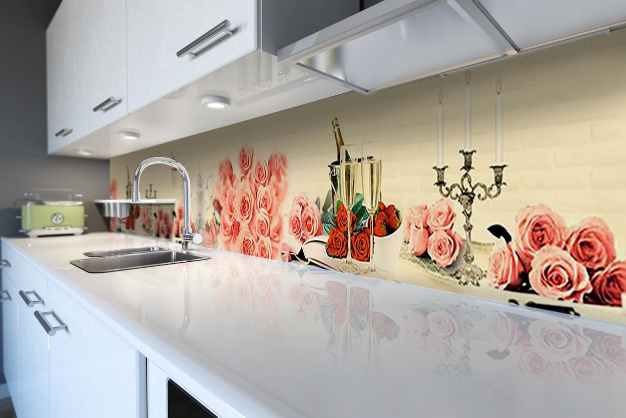 Кухонный фартук Zatarga "Розовые розы" из самоклеющейся виниловой пленки 60х250 см Бежевый