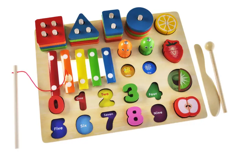 Сортер для малышей деревянный 5в1 развивающий бизиборд с ксилофоном/цифрами и рыбалкой (33514888)