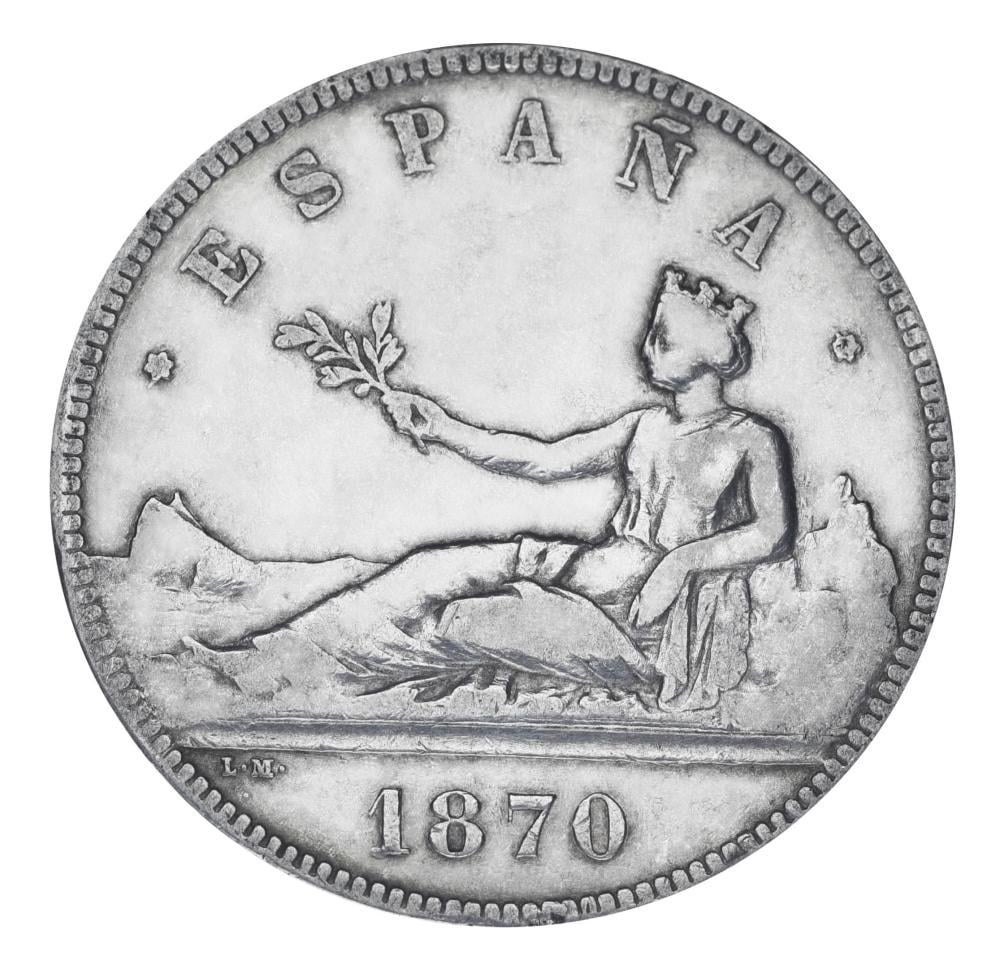 Колекційна монета Іспанія 5 песет 1870 срібло F-VF Тимчасовий уряд 1869-1874 25 г (М19775)