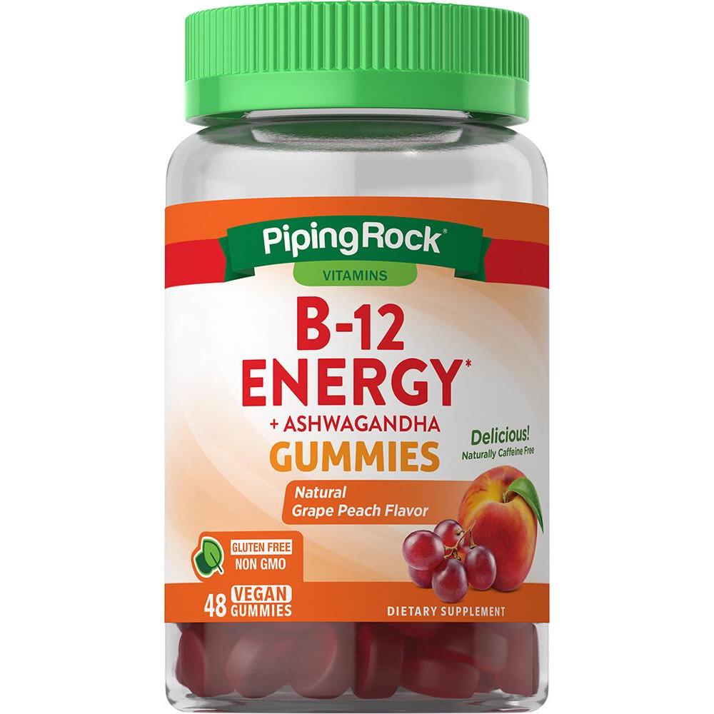 Метилкобаламин Piping Rock B-12 Energy + Ashwagandha 48 Veg Gummies Grape Peach