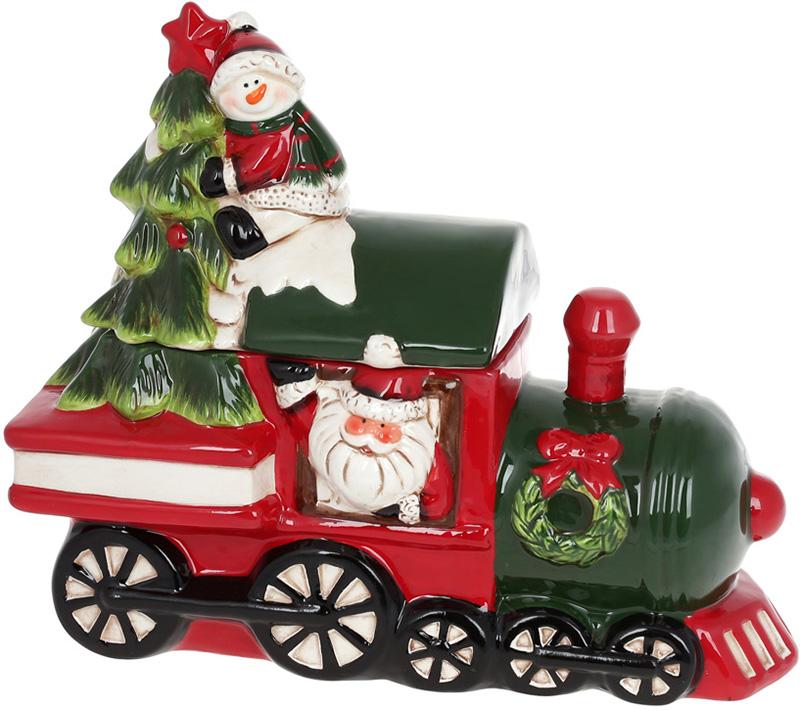 Банка для сладостей Санта и Снеговик на поезде 1,8 л керамика (BD-827-542)