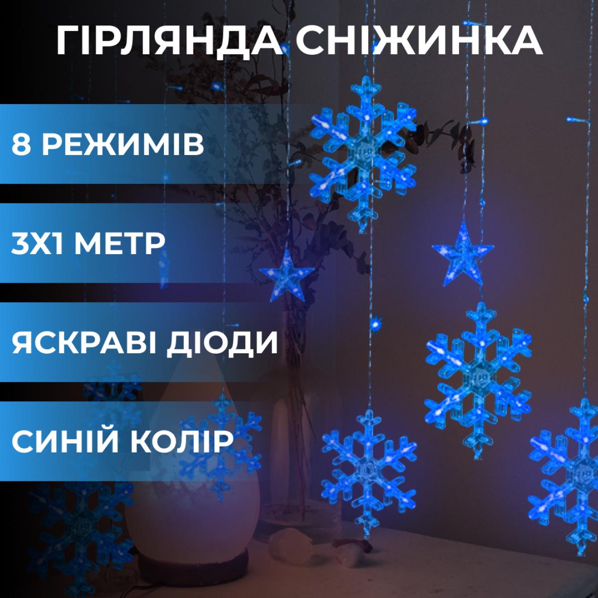 Гірлянда штора зірки та сніжинки GarlandoPro 1733062BL із ПВХ 12 фігур 3х1 м Синій (100-107-1733062BL) - фото 2