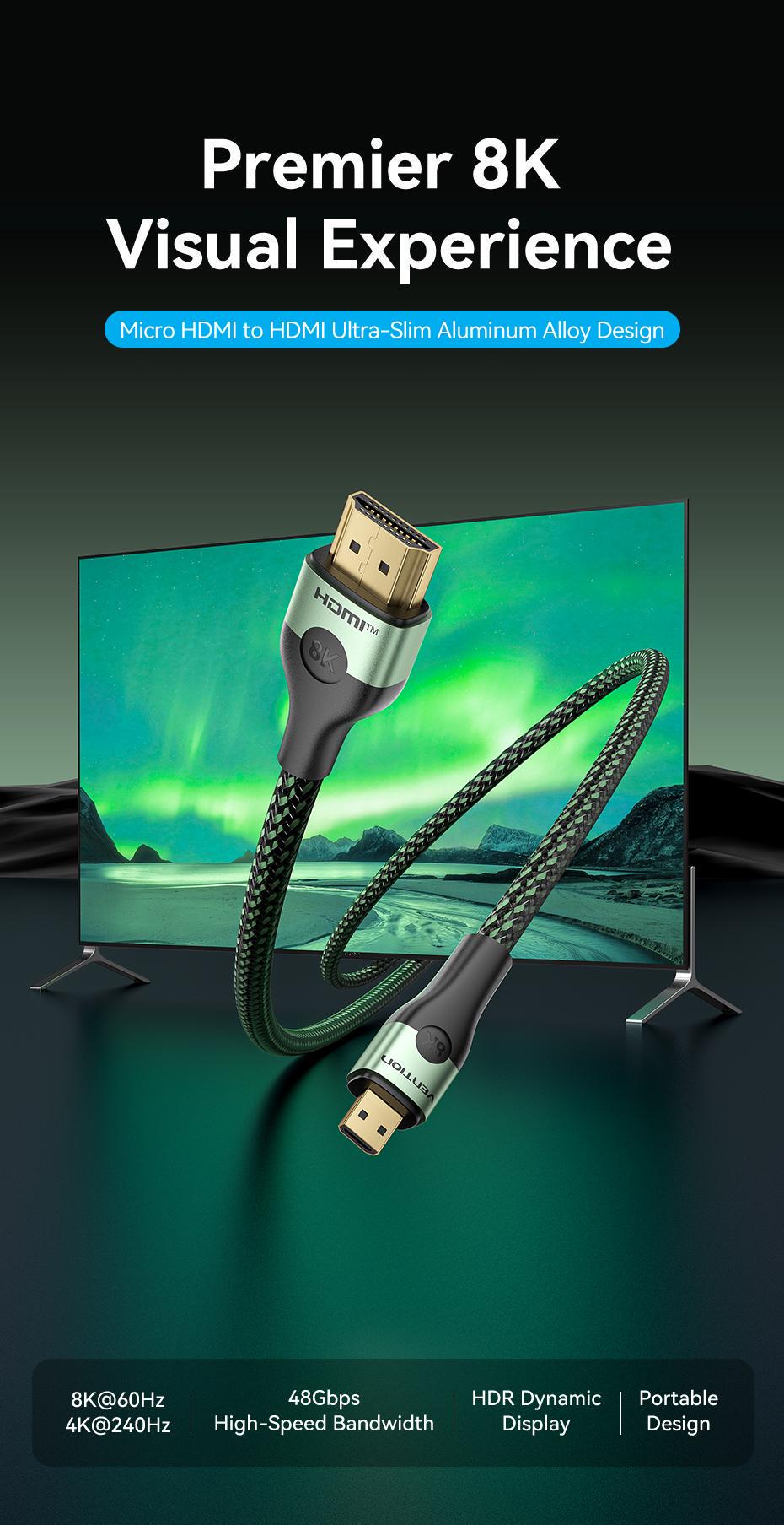 Кабель Vention Micro HDMI на HDMI HDMI 2.1 8K 60Hz 48Gbps Dynamic HDR eARC плетений 1 м Зелений (AGKGF) - фото 2 Кабель Vention Micro HDMI на HDMI HDMI 2.1 8K 60Hz 48Gbps Dynamic HDR eARC плетений 1 м Зелений (AGKGF) - фото 2