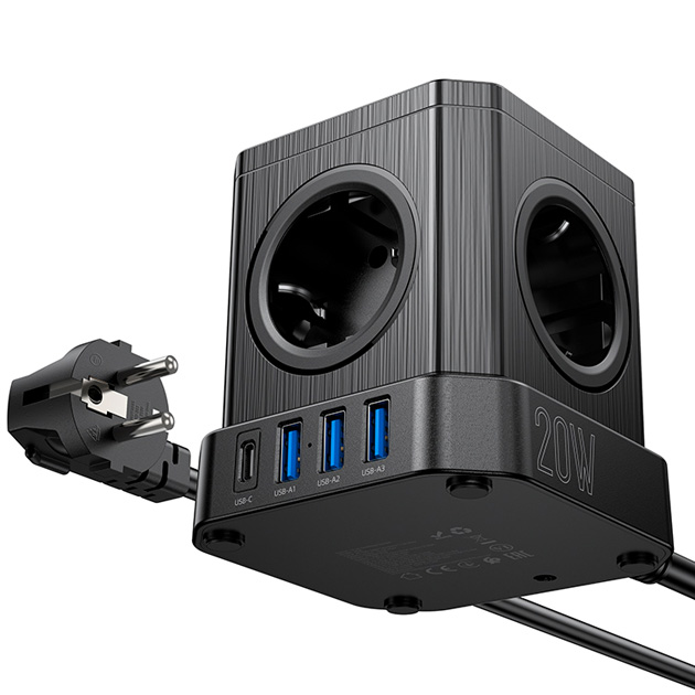 Aильтр cетевой Hoco NS8 5x220V 3хUSB 1хType-C PD20W 4000W 2 м удлинитель с кнопкой выключения быстрая зарядка Черный - фото 5 Aильтр cетевой Hoco NS8 5x220V 3хUSB 1хType-C PD20W 4000W 2 м удлинитель с кнопкой выключения быстрая зарядка Черный - фото 5