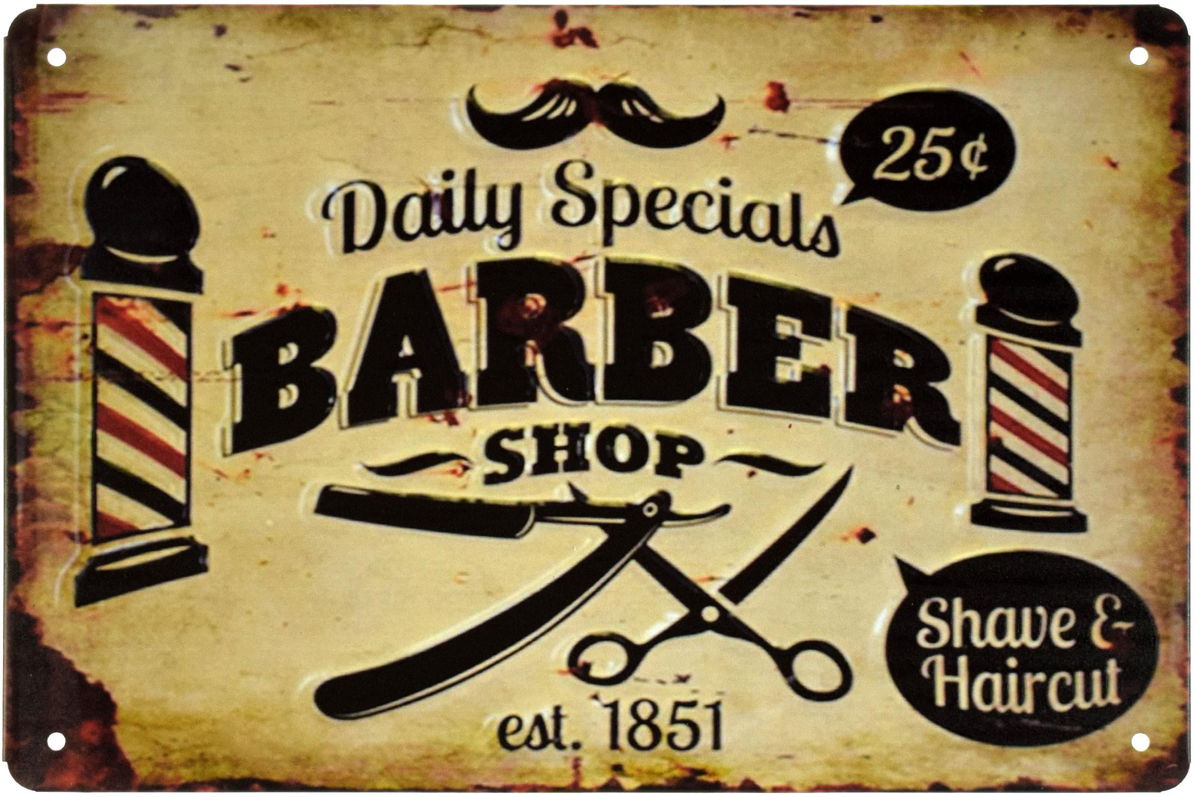 Табличка металлическая Барбершоп Бритье И Стрижка/Barber Shop Shave And Haircut 20x30 см