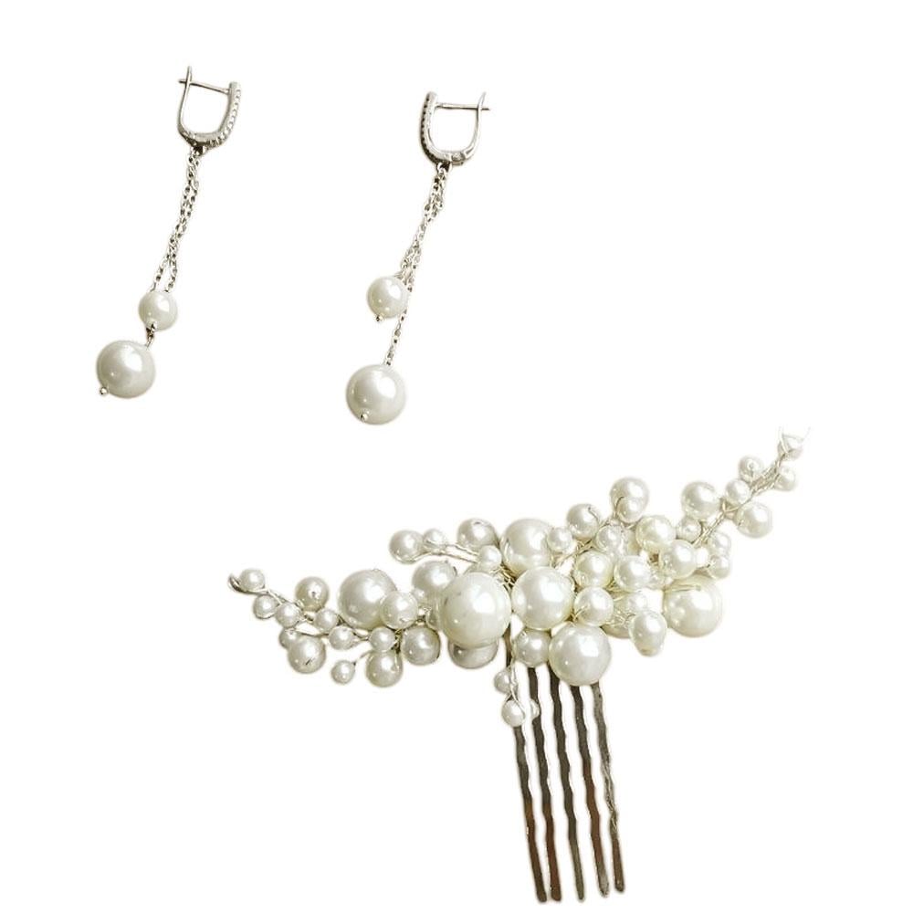 Набір прикрас для нареченої гребінець у зачіску та сережки пусети з натуральних перлин (NP-0064)