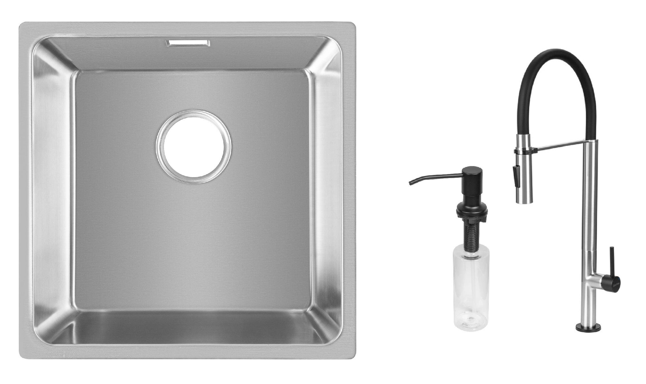 Комплект из кухонной мойки Gunter&Hauer Felda 4420 IX кухонного смесителя Gunter&Hauer STERN Brush Black и дозатора Gunter&Hauer SOAP DISPENSER Black