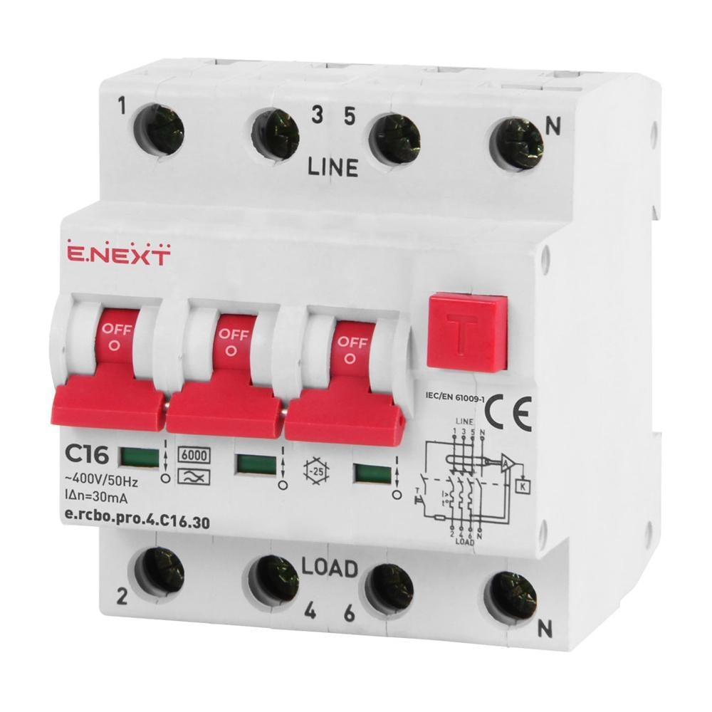 Выключатель дифференциального тока E.NEXT e.rcbo.pro.4.C16.30 3P+N 16А С тип А 30мА