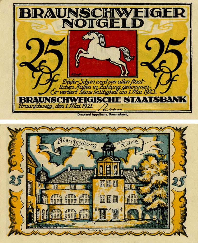 Коллекционная банкнота Германия Нотгельд 25 пфеннигов 1921 F-VF Брауншвейг Разновидность 3 (Б18532)