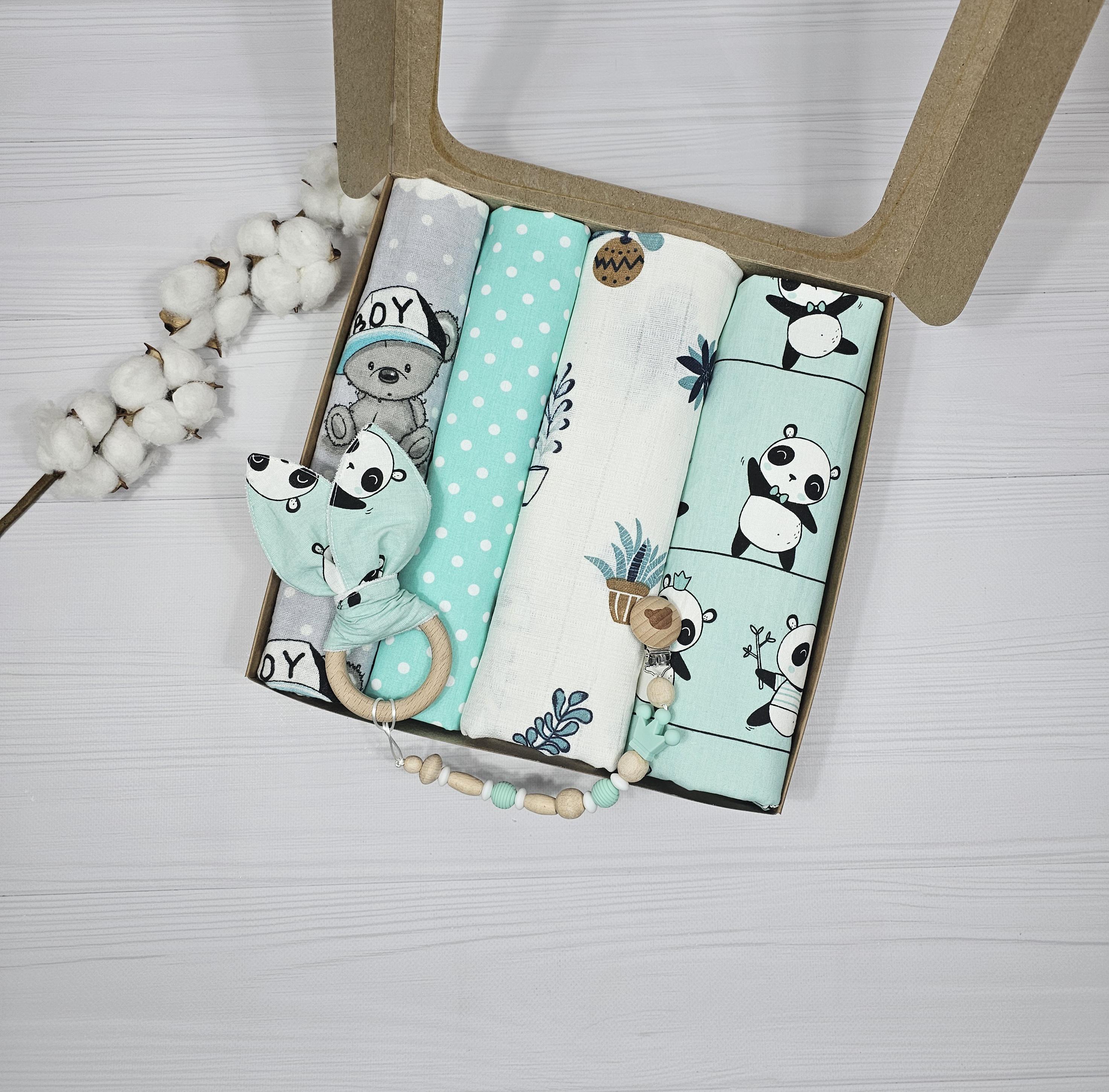 Набор пеленок из 6 единиц с грызунцем A.L.Babybox Панды акробаты мятный (NA 23742082)