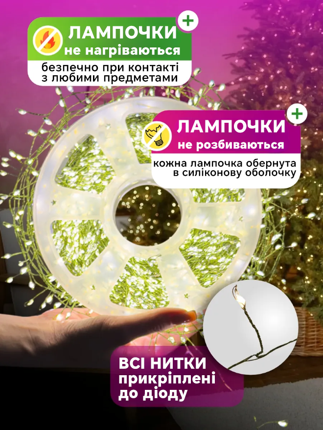 Гирлянда-мишура новогодняя Хвойная лапа 20 м 600 led от сети с пультом зеленый провод для елки Золото (Е500308) - фото 10 Гирлянда-мишура новогодняя Хвойная лапа 20 м 600 led от сети с пультом зеленый провод для елки Золото (Е500308) - фото 10