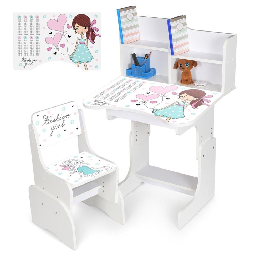 Парта-трансформер Bambi зі стільчиком та надбудовою з регулюванням висоти 56,5/67,5 см Білий