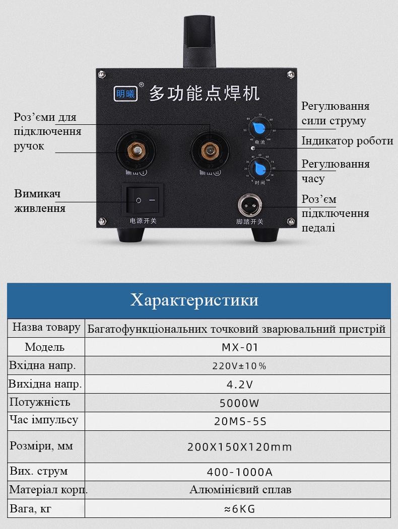 Точкова контактна зварка 400-1000А 20мс-5с з педаллю для акумуляторних збірок MX-01 (MX-01) - фото 2 Точкова контактна зварка 400-1000А 20мс-5с з педаллю для акумуляторних збірок MX-01 (MX-01) - фото 2