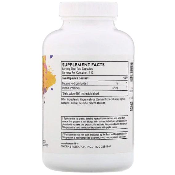 Бетаина гидрохлорид Thorne Research Betaine HCL & Pepsin 225 Caps (THR-41502) - фото 2