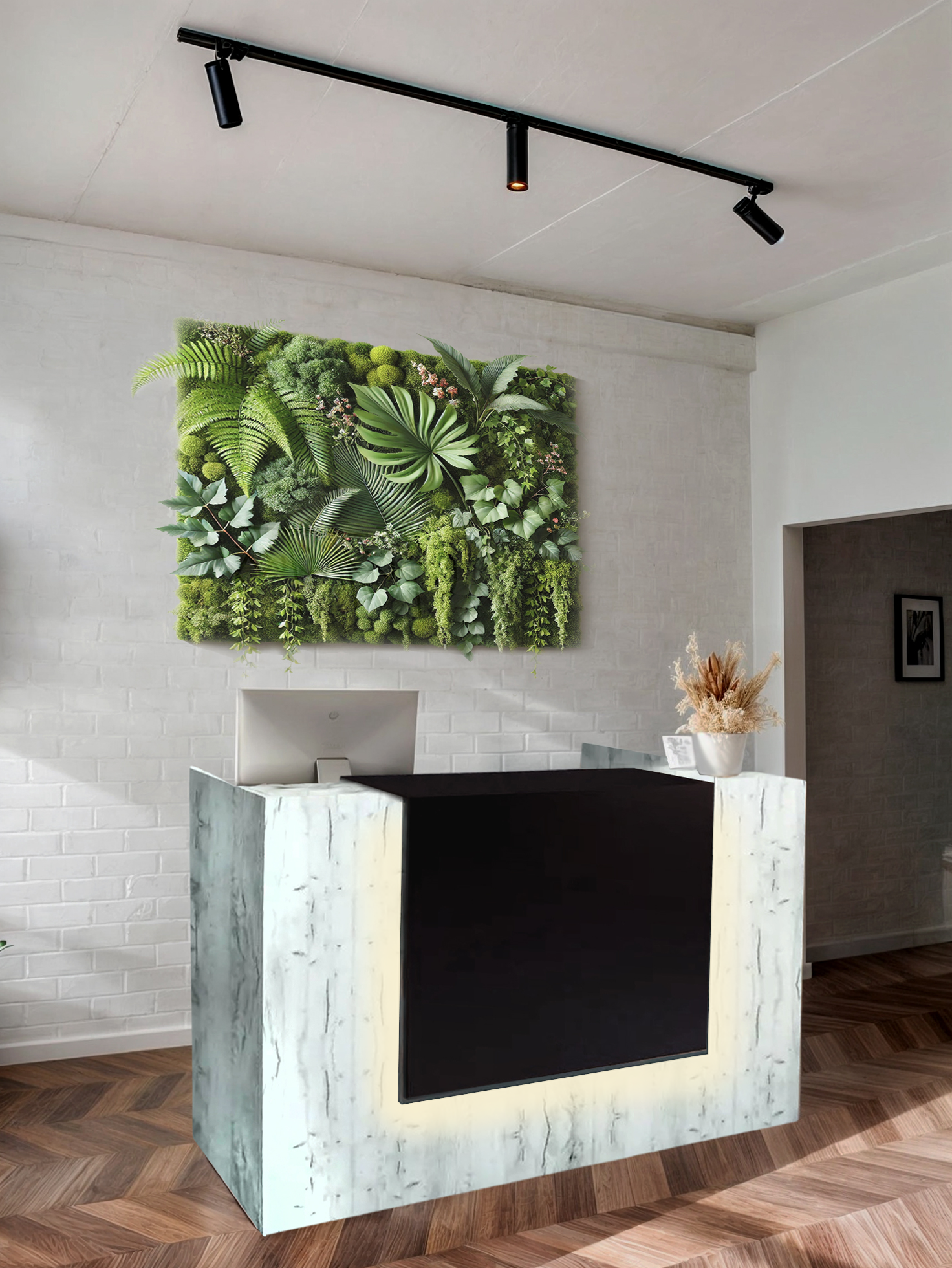 Стойка администратора Tobi Sho Ресепшн/2 для офиса/салона с подсветкой/1400х800х1000 мм Дуб крафт белый/Черный Стойка администратора Tobi Sho Ресепшн/2 для офиса/салона с подсветкой/1400х800х1000 мм Дуб крафт белый/Черный