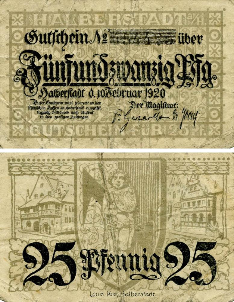 Коллекционная банкнота Германия Нотгельд 25 пфеннигов 1920 F-VF Хальберштадт Разновидность 1 (Б18541) Коллекционная банкнота Германия Нотгельд 25 пфеннигов 1920 F-VF Хальберштадт Разновидность 1 (Б18541)