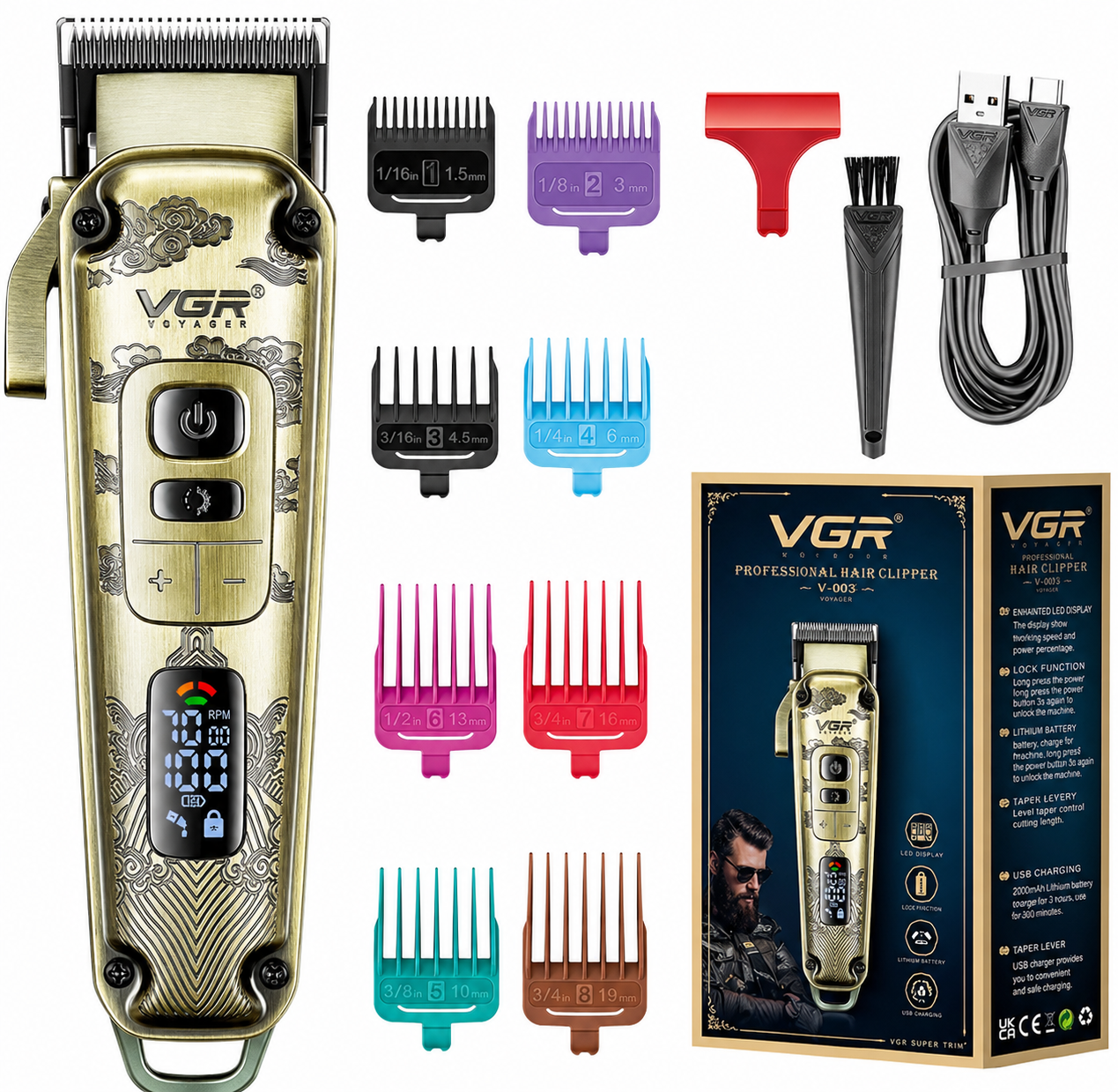 Машинка для стрижки VGR V-005 Gold 8 насадок (34246333)