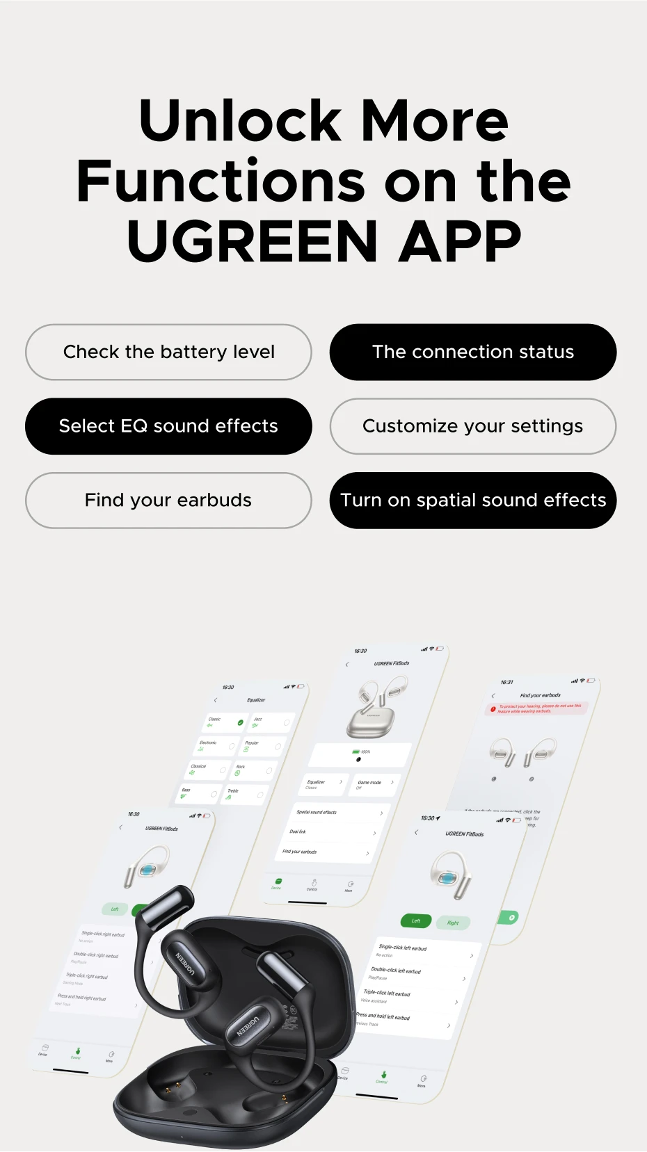 Наушники беспроводные UGREEN WS213 FitBuds Open-Ear Bluetooth 6.0 Black (WS213) - фото 3 Наушники беспроводные UGREEN WS213 FitBuds Open-Ear Bluetooth 6.0 Black (WS213) - фото 3