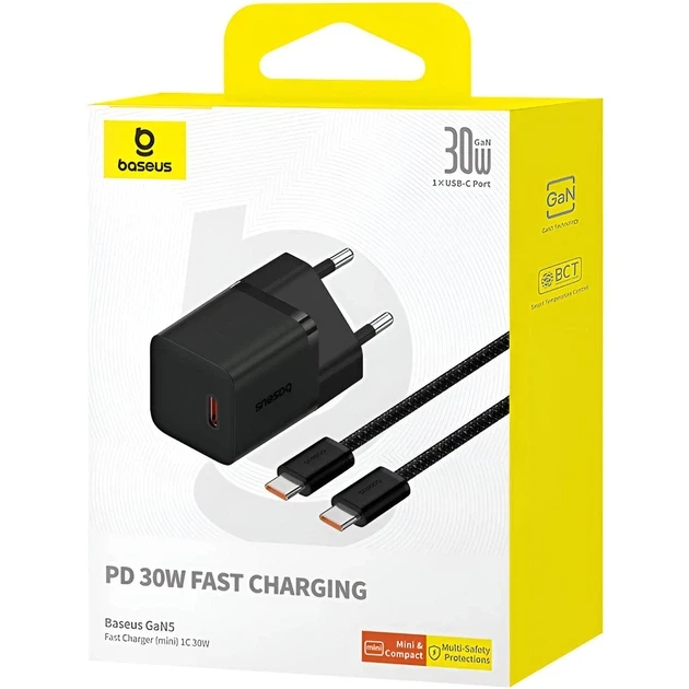 Зарядное устройство сетевое BASEUS GaN5 Mini Fast Charger 1Type-C 30W/ Cable Type-C to Type-C 100W P10110902113-00 1 м Black