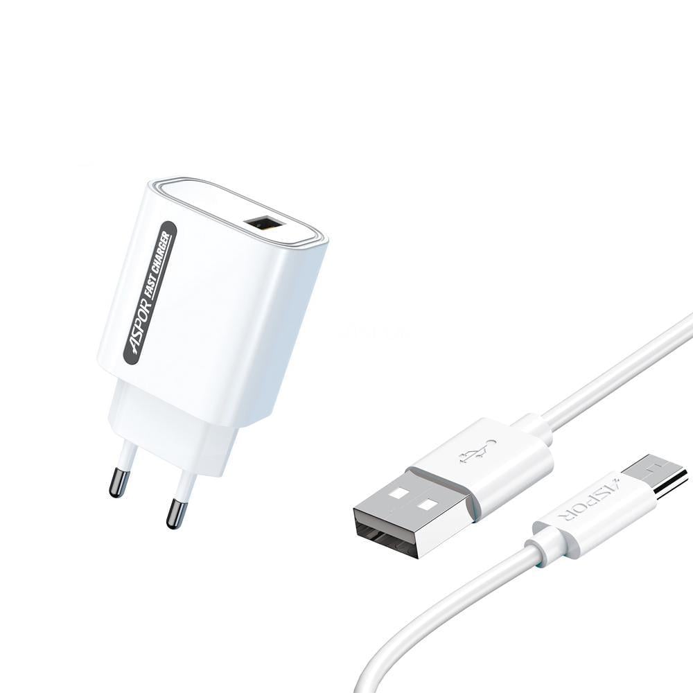Мережевий зарядний пристрій Aspor A803 USB/18W та USB кабель Type-C Білий (925155)